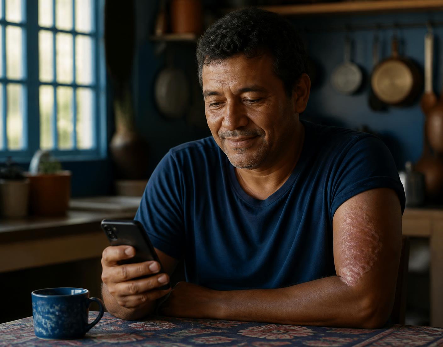 Homem sentado à mesa da cozinha consultando o celular, com cicatriz no braço após acidente