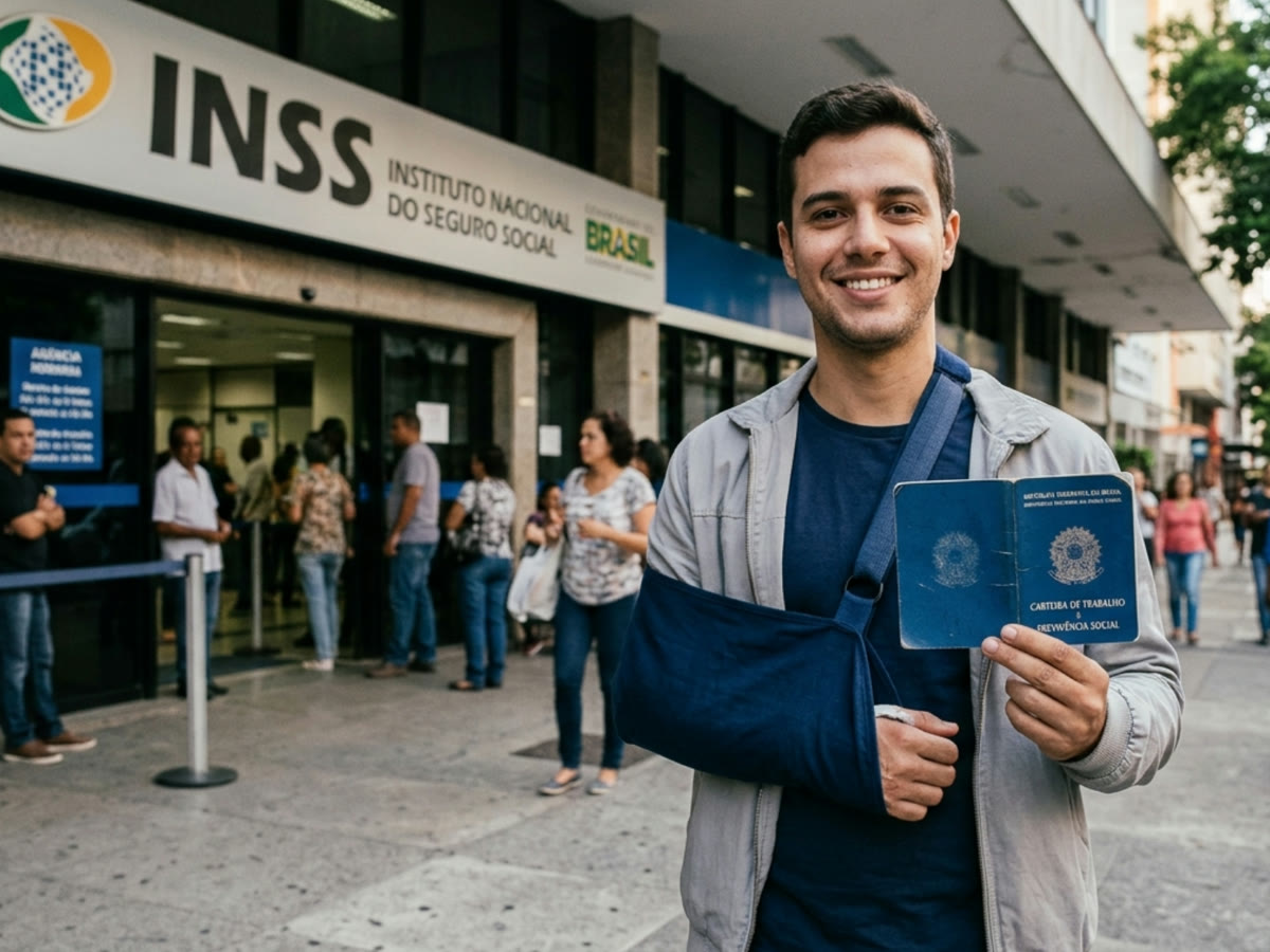 Homem com o braço em tipoia segurando a carteira de trabalho em frente a uma agência do INSS